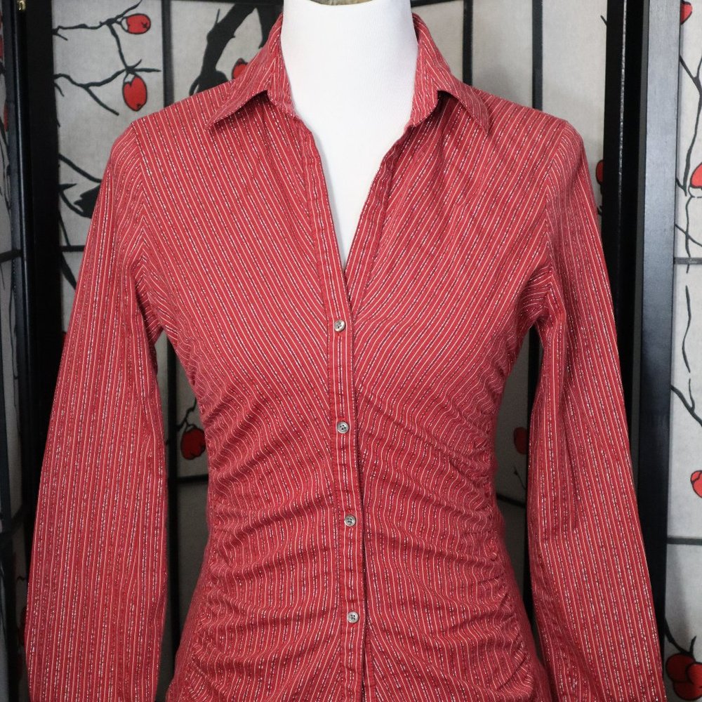 Express Design Studio Long Sleeve Red with Pinstripes Shirt, Size Small